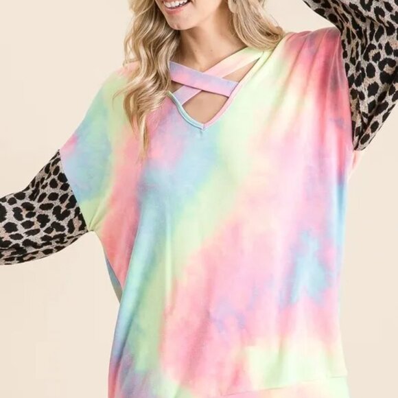 NWT BiBi Tie Dye Terry Top with Leopard Puff Sleeves - Picture 2 of 7